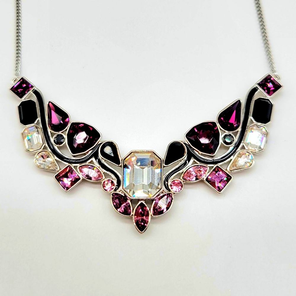 Swarovski Crystal Diamond and Amethyst Cluster Necklace with Black Enamel